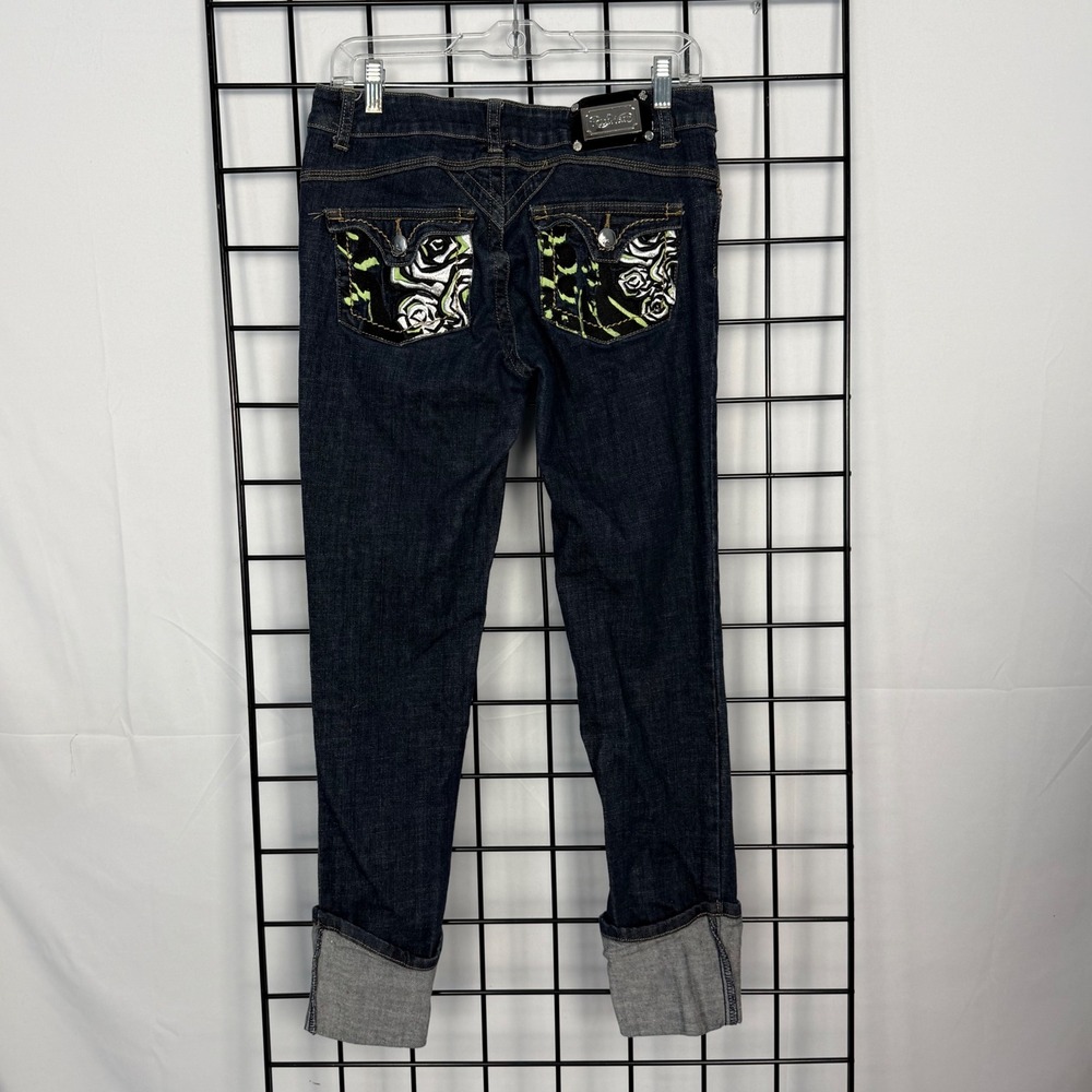 Rocawear Jeans Women 7 Dark Blue Rose Embroidered Cuffed Slim Y2K Streetwear